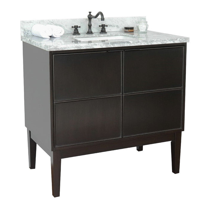 Bellaterra Home Cafe 37" 2-Door 1-Drawer Cappuccino Freestanding Vanity Set With Ceramic Undermount Rectangular Sink and White Carrara Marble Top - Luxe Vanity & Tub