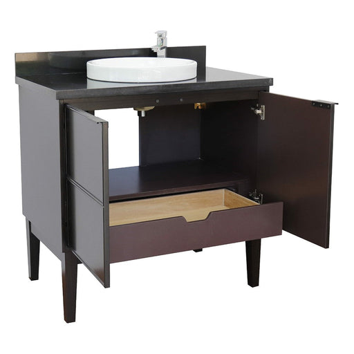 Bellaterra Home Cafe 37" 2-Door 1-Drawer Cappuccino Freestanding Vanity Set With Ceramic Vessel Sink and Black Galaxy Top - Luxe Vanity & Tub