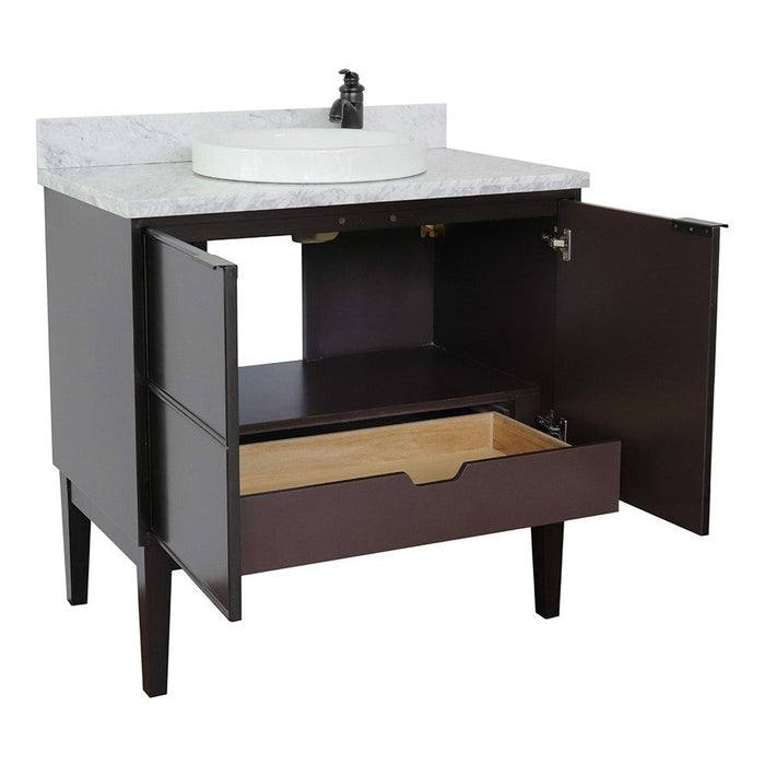 Bellaterra Home Cafe 37" 2-Door 1-Drawer Cappuccino Freestanding Vanity Set With Ceramic Vessel Sink and White Carrara Marble Top - Luxe Vanity & Tub