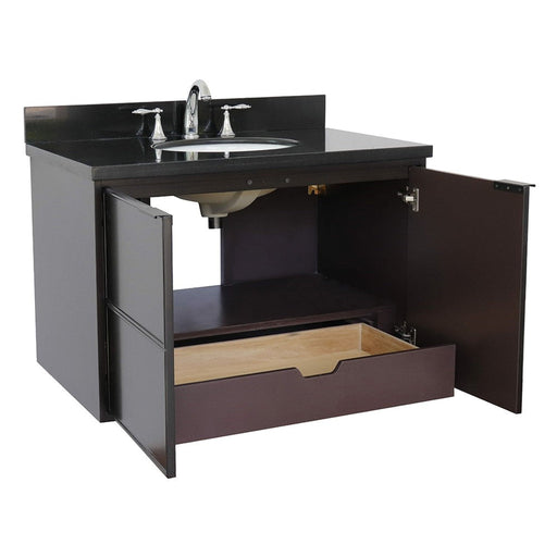 Bellaterra Home Cafe 37" 2-Door 1-Drawer Cappuccino Wall-Mount Vanity Set With Ceramic Undermount Oval Sink and Black Galaxy Top - Luxe Vanity & Tub