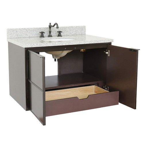 Bellaterra Home Cafe 37" 2-Door 1-Drawer Cappuccino Wall-Mount Vanity Set With Ceramic Undermount Oval Sink and Gray Granite Top - Luxe Vanity & Tub