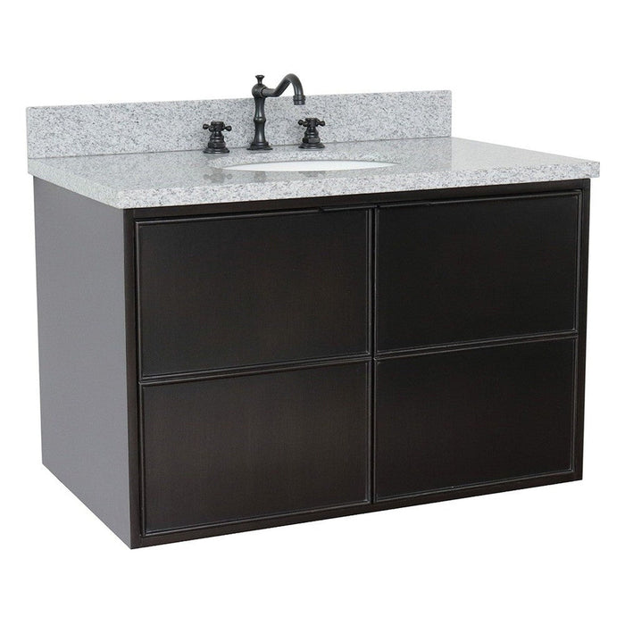 Bellaterra Home Cafe 37" 2-Door 1-Drawer Cappuccino Wall-Mount Vanity Set With Ceramic Undermount Oval Sink and Gray Granite Top - Luxe Vanity & Tub