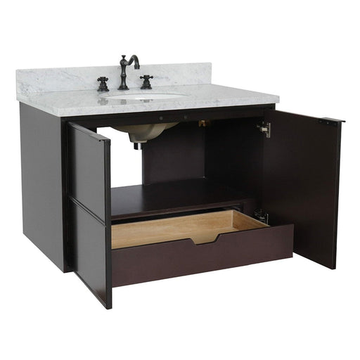 Bellaterra Home Cafe 37" 2-Door 1-Drawer Cappuccino Wall-Mount Vanity Set With Ceramic Undermount Oval Sink and White Carrara Marble Top - Luxe Vanity & Tub