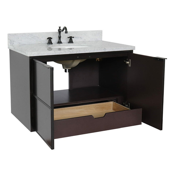 Bellaterra Home Cafe 37" 2-Door 1-Drawer Cappuccino Wall-Mount Vanity Set With Ceramic Undermount Oval Sink and White Carrara Marble Top - Luxe Vanity & Tub