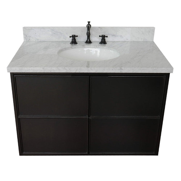 Bellaterra Home Cafe 37" 2-Door 1-Drawer Cappuccino Wall-Mount Vanity Set With Ceramic Undermount Oval Sink and White Carrara Marble Top - Luxe Vanity & Tub