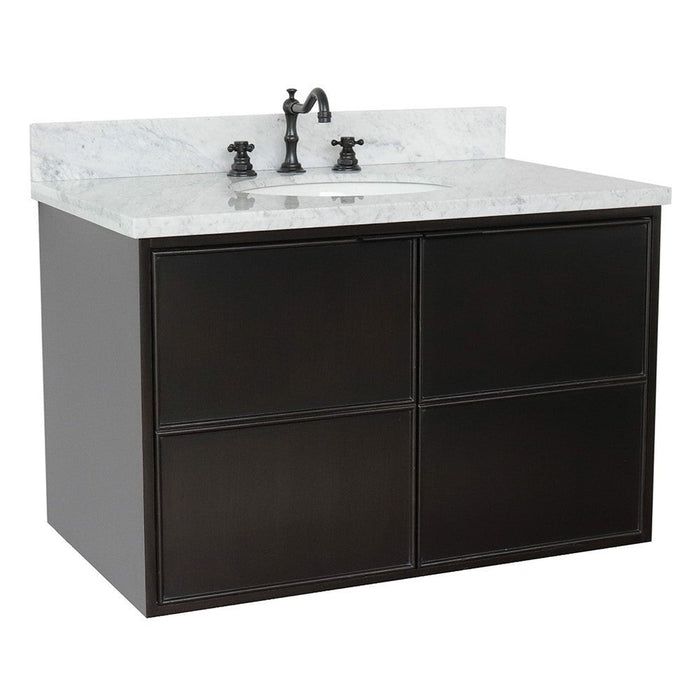 Bellaterra Home Cafe 37" 2-Door 1-Drawer Cappuccino Wall-Mount Vanity Set With Ceramic Undermount Oval Sink and White Carrara Marble Top - Luxe Vanity & Tub