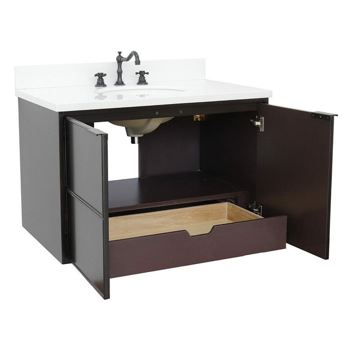 Bellaterra Home Cafe 37" 2-Door 1-Drawer Cappuccino Wall-Mount Vanity Set With Ceramic Undermount Oval Sink and White Quartz Top - Luxe Vanity & Tub