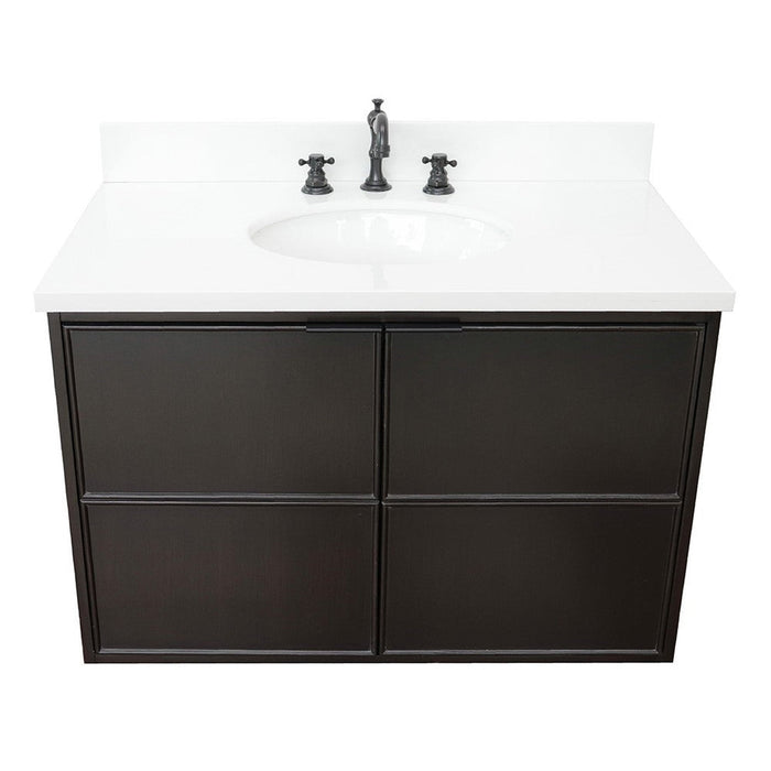 Bellaterra Home Cafe 37" 2-Door 1-Drawer Cappuccino Wall-Mount Vanity Set With Ceramic Undermount Oval Sink and White Quartz Top - Luxe Vanity & Tub