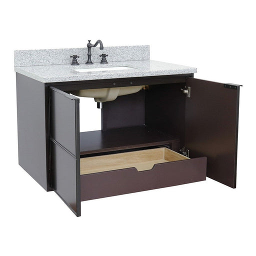 Bellaterra Home Cafe 37" 2-Door 1-Drawer Cappuccino Wall-Mount Vanity Set With Ceramic Undermount Rectangular Sink and Gray Granite Top - Luxe Vanity & Tub