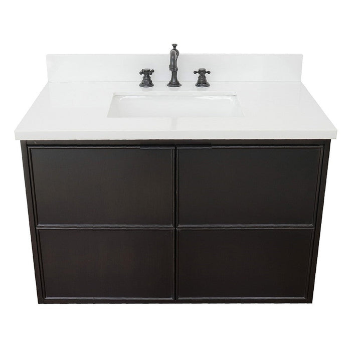 Bellaterra Home Cafe 37" 2-Door 1-Drawer Cappuccino Wall-Mount Vanity Set With Ceramic Undermount Rectangular Sink and White Quartz Top - Luxe Vanity & Tub