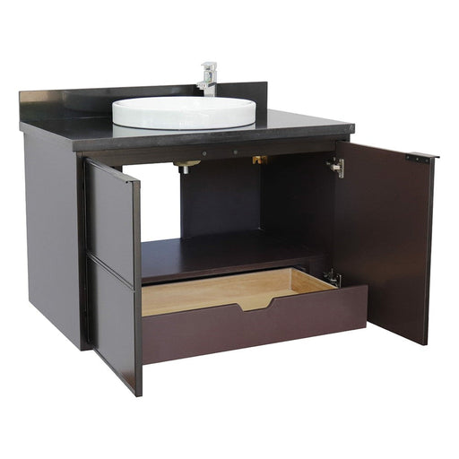 Bellaterra Home Cafe 37" 2-Door 1-Drawer Cappuccino Wall-Mount Vanity Set With Ceramic Vessel Sink and Black Galaxy Top - Luxe Vanity & Tub