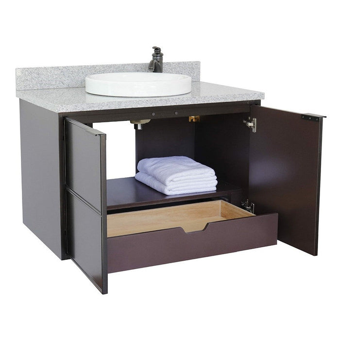 Bellaterra Home Cafe 37" 2-Door 1-Drawer Cappuccino Wall-Mount Vanity Set With Ceramic Vessel Sink and Gray Granite Top - Luxe Vanity & Tub