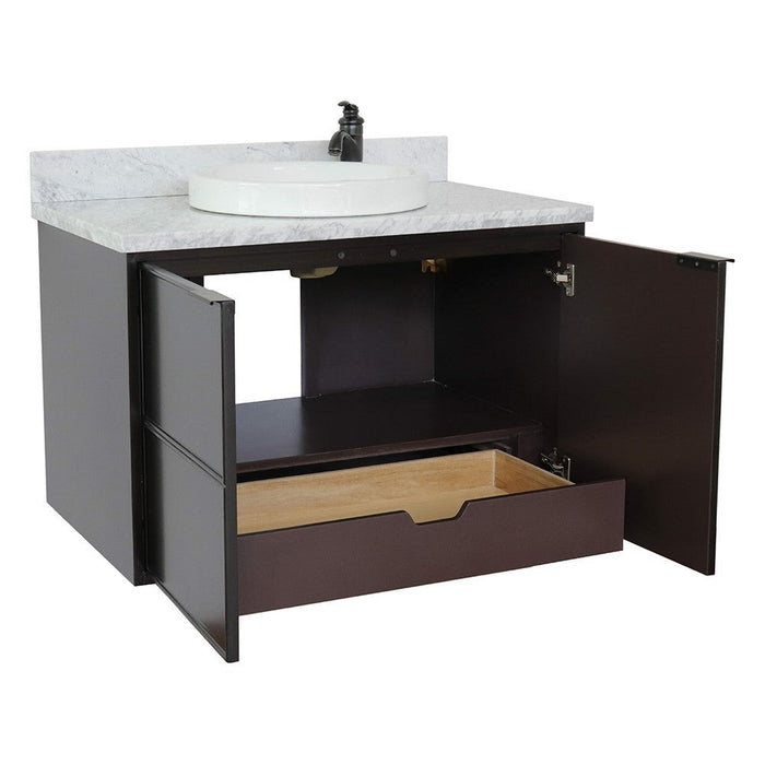 Bellaterra Home Cafe 37" 2-Door 1-Drawer Cappuccino Wall-Mount Vanity Set With Ceramic Vessel Sink and White Carrara Marble Top - Luxe Vanity & Tub