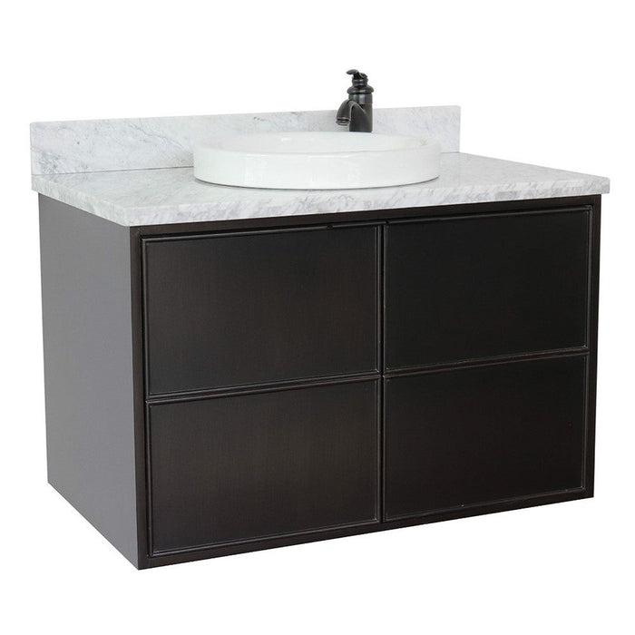 Bellaterra Home Cafe 37" 2-Door 1-Drawer Cappuccino Wall-Mount Vanity Set With Ceramic Vessel Sink and White Carrara Marble Top - Luxe Vanity & Tub