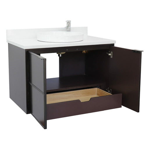 Bellaterra Home Cafe 37" 2-Door 1-Drawer Cappuccino Wall-Mount Vanity Set With Ceramic Vessel Sink and White Quartz Top - Luxe Vanity & Tub