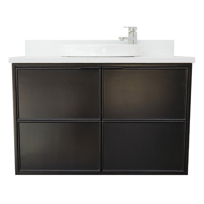 Bellaterra Home Cafe 37" 2-Door 1-Drawer Cappuccino Wall-Mount Vanity Set With Ceramic Vessel Sink and White Quartz Top - Luxe Vanity & Tub