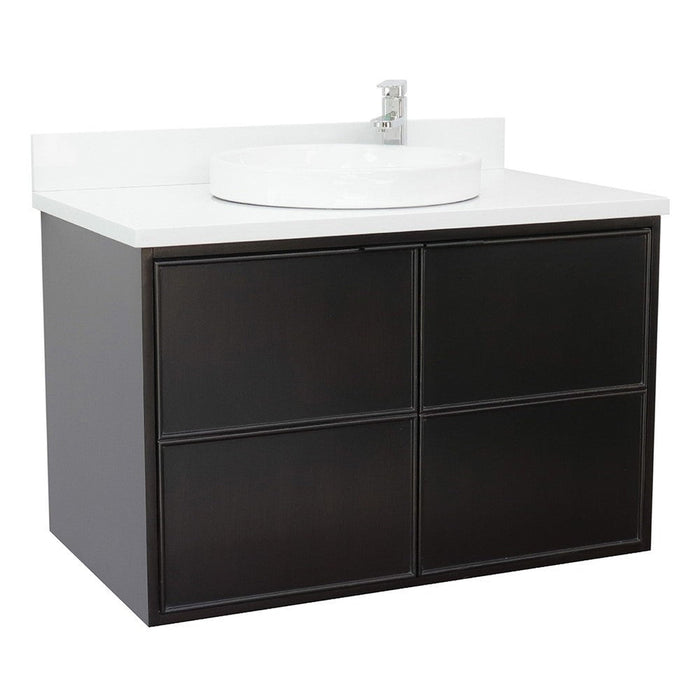 Bellaterra Home Cafe 37" 2-Door 1-Drawer Cappuccino Wall-Mount Vanity Set With Ceramic Vessel Sink and White Quartz Top - Luxe Vanity & Tub