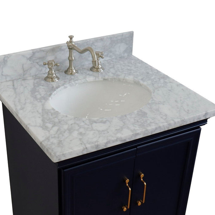 Bellaterra Home Forli 25" 2-Door 1-Drawer Blue Freestanding Vanity Set With Ceramic Undermount Oval Sink And White Carrara Marble Top - Luxe Vanity & Tub