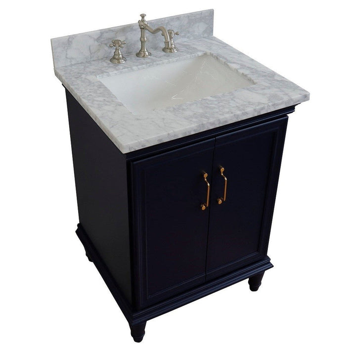 Bellaterra Home Forli 25" 2-Door 1-Drawer Blue Freestanding Vanity Set With Ceramic Undermount Rectangular Sink And White Carrara Marble Top - Luxe Vanity & Tub