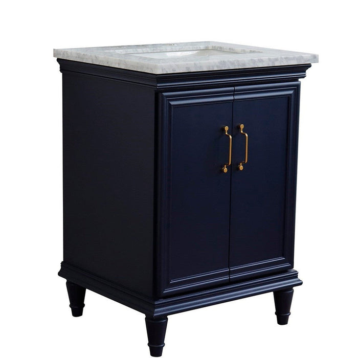 Bellaterra Home Forli 25" 2-Door 1-Drawer Blue Freestanding Vanity Set With Ceramic Undermount Rectangular Sink And White Carrara Marble Top - Luxe Vanity & Tub