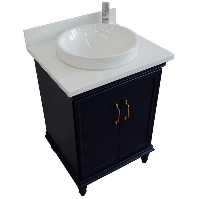 Bellaterra Home Forli 25" 2-Door 1-Drawer Blue Freestanding Vanity Set With Ceramic Vessel Sink And White Quartz Top - Luxe Vanity & Tub