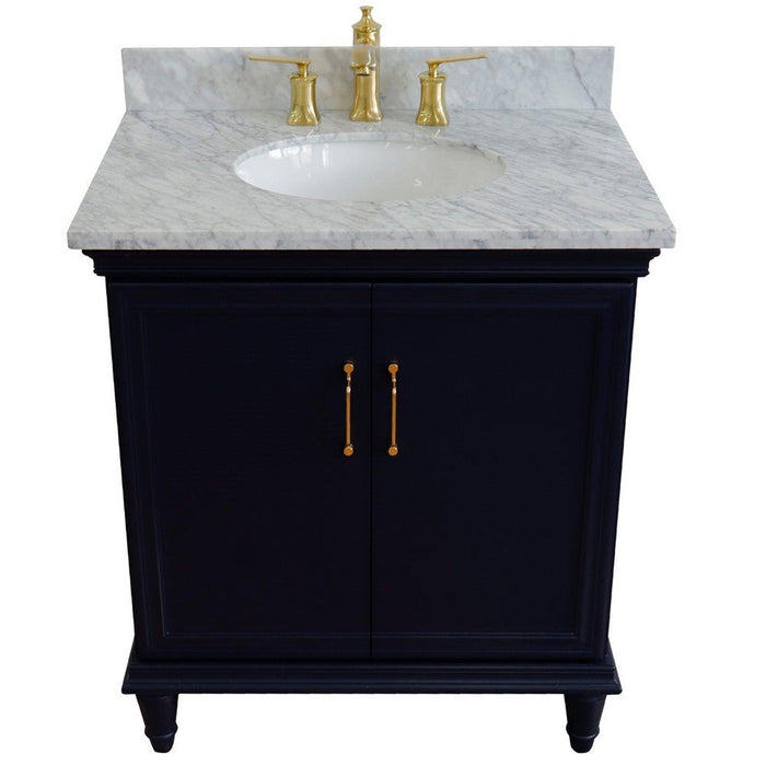 Bellaterra Home Forli 31" 2-Door 1-Drawer Blue Freestanding Vanity Set With Ceramic Undermount Oval Sink And White Carrara Marble Top - Luxe Vanity & Tub