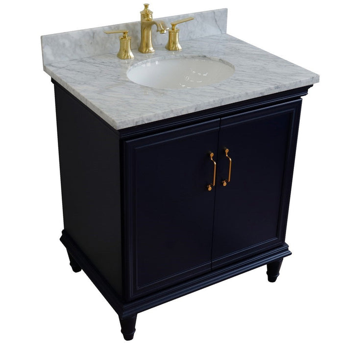 Bellaterra Home Forli 31" 2-Door 1-Drawer Blue Freestanding Vanity Set With Ceramic Undermount Oval Sink And White Carrara Marble Top - Luxe Vanity & Tub