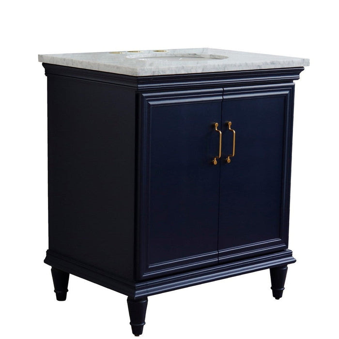 Bellaterra Home Forli 31" 2-Door 1-Drawer Blue Freestanding Vanity Set With Ceramic Undermount Oval Sink And White Carrara Marble Top - Luxe Vanity & Tub