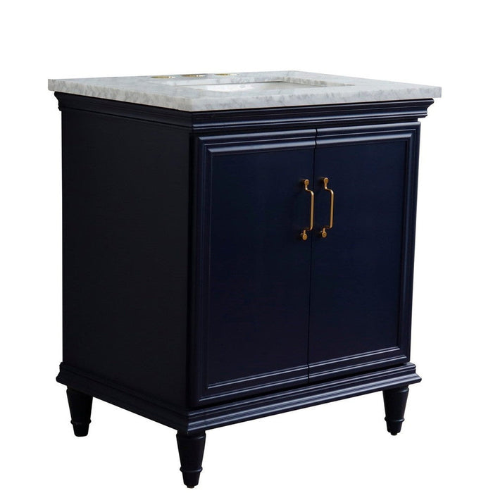 Bellaterra Home Forli 31" 2-Door 1-Drawer Blue Freestanding Vanity Set With Ceramic Undermount Rectangular Sink And White Carrara Marble Top - Luxe Vanity & Tub