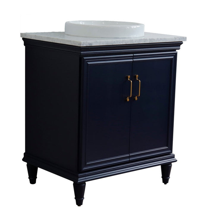 Bellaterra Home Forli 31" 2-Door 1-Drawer Blue Freestanding Vanity Set With Ceramic Vessel Sink And White Carrara Marble Top - Luxe Vanity & Tub