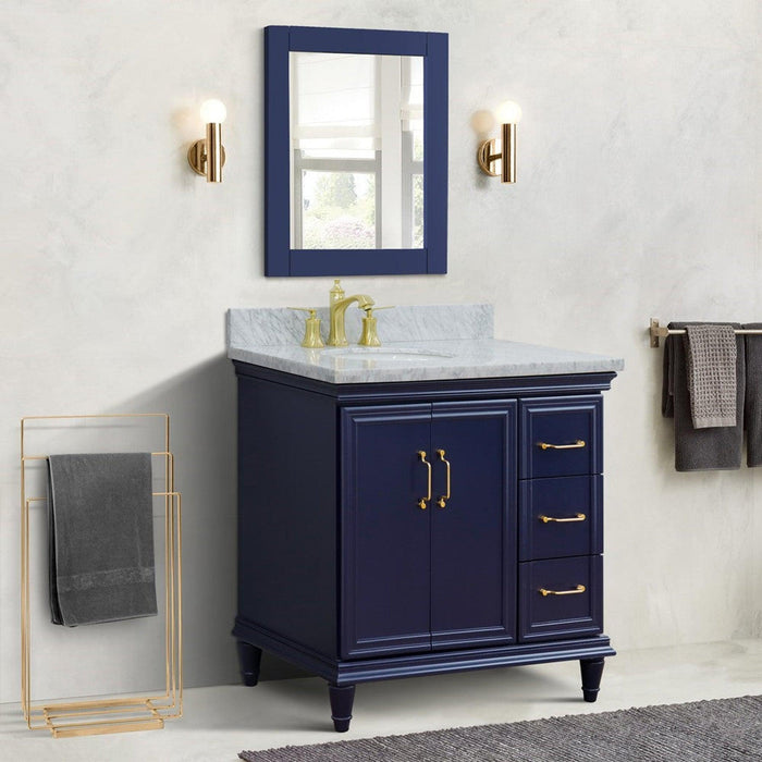 Bellaterra Home Forli 37" 2-Door 3-Drawer Blue Freestanding Vanity Set With Ceramic Left Offset Undermount Oval Sink and White Carrara Marble Top, and Left Door Cabinet