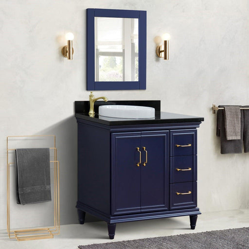 Bellaterra Home Forli 37" 2-Door 3-Drawer Blue Freestanding Vanity Set With Ceramic Left Offset Vessel Sink and Black Galaxy Granite Top, and Left Door Cabinet