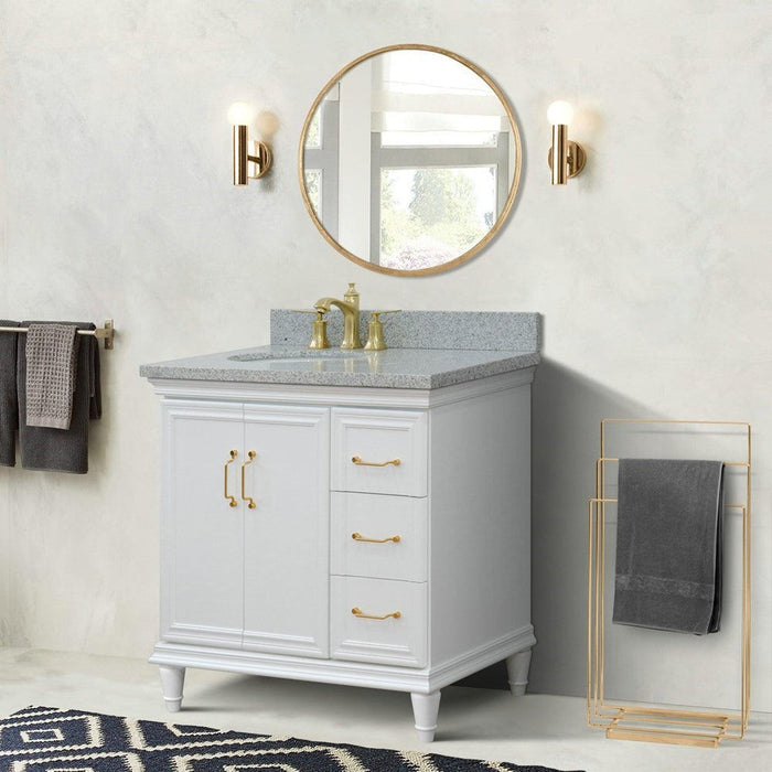 Bellaterra Home Forli 37" 2-Door 3-Drawer White Freestanding Vanity Set With Ceramic Left Offset Undermount Oval Sink and Gray Granite Top, and Left Door Cabinet