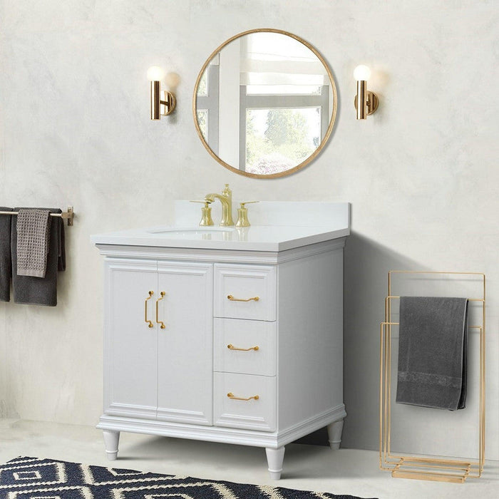 Bellaterra Home Forli 37" 2-Door 3-Drawer White Freestanding Vanity Set With Ceramic Left Offset Undermount Oval Sink and White Quartz Top, and Left Door Cabinet