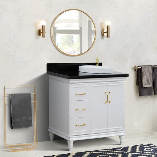 Bellaterra Home Forli 37" 2-Door 3-Drawer White Freestanding Vanity Set With Ceramic Right Offset Vessel Sink and Black Galaxy Granite Top, and Right Door Cabinet