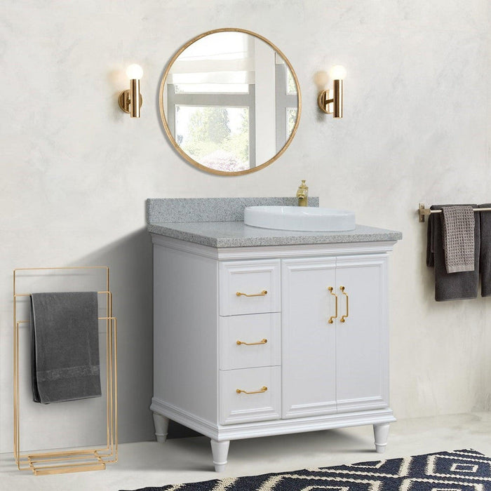 Bellaterra Home Forli 37" 2-Door 3-Drawer White Freestanding Vanity Set With Ceramic Right Offset Vessel Sink and Gray Granite Top, and Right Door Cabinet