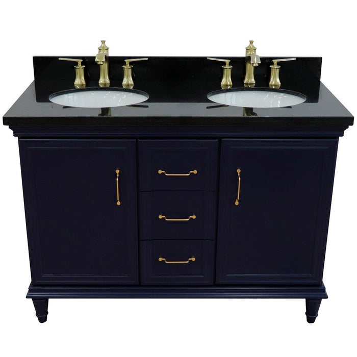 Bellaterra Home Forli 49" 2-Door 3-Drawer Blue Freestanding Vanity Set With Ceramic Double Undermount Oval Sink and Black Galaxy Granite Top - Luxe Vanity & Tub