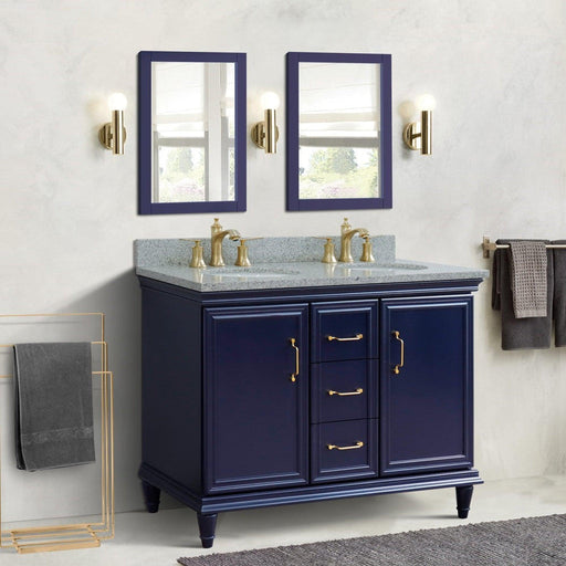 Bellaterra Home Forli 49" 2-Door 3-Drawer Blue Freestanding Vanity Set With Ceramic Double Undermount Oval Sink and Gray Granite Top