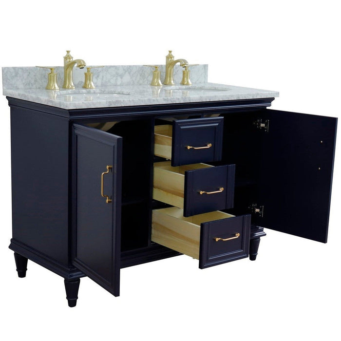 Bellaterra Home Forli 49" 2-Door 3-Drawer Blue Freestanding Vanity Set With Ceramic Double Undermount Oval Sink and White Carrara Marble Top - Luxe Vanity & Tub