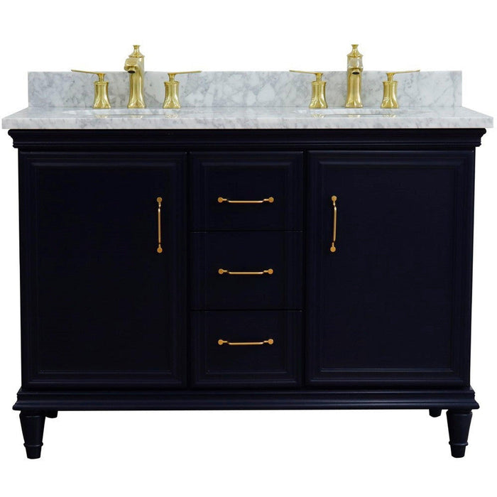 Bellaterra Home Forli 49" 2-Door 3-Drawer Blue Freestanding Vanity Set With Ceramic Double Undermount Oval Sink and White Carrara Marble Top - Luxe Vanity & Tub