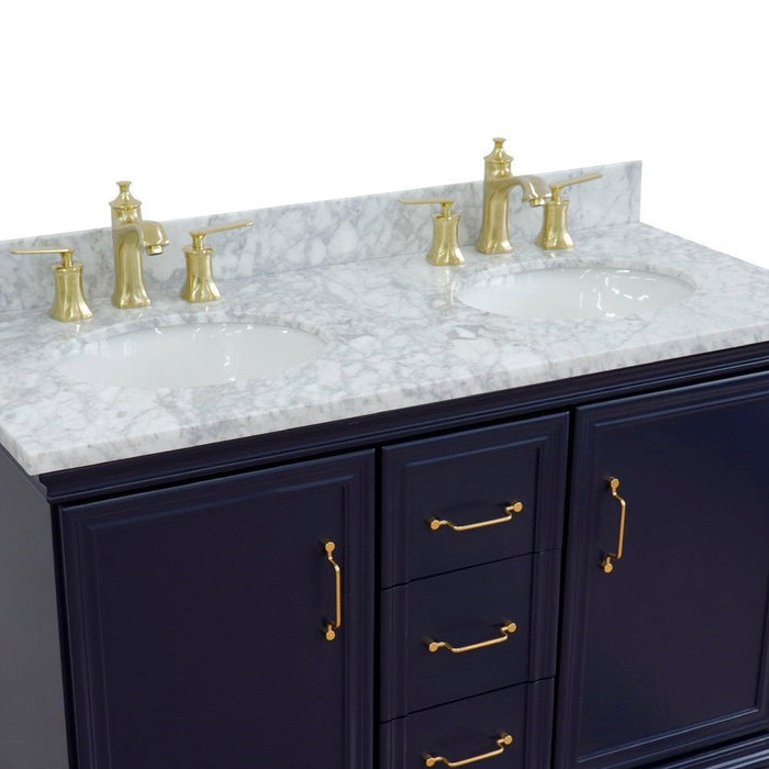 Bellaterra Home Forli 49" 2-Door 3-Drawer Blue Freestanding Vanity Set With Ceramic Double Undermount Oval Sink and White Carrara Marble Top - Luxe Vanity & Tub