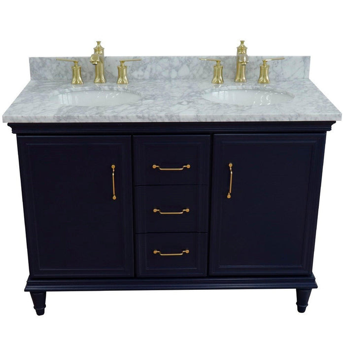 Bellaterra Home Forli 49" 2-Door 3-Drawer Blue Freestanding Vanity Set With Ceramic Double Undermount Oval Sink and White Carrara Marble Top - Luxe Vanity & Tub