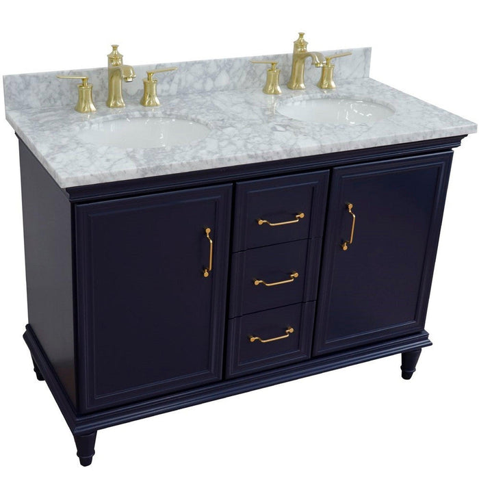 Bellaterra Home Forli 49" 2-Door 3-Drawer Blue Freestanding Vanity Set With Ceramic Double Undermount Oval Sink and White Carrara Marble Top - Luxe Vanity & Tub