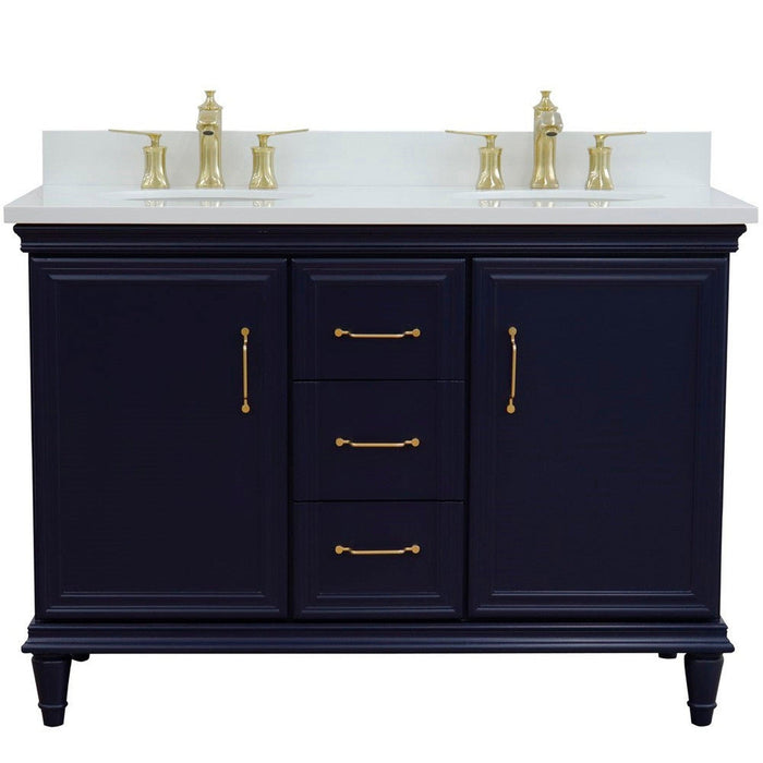 Bellaterra Home Forli 49" 2-Door 3-Drawer Blue Freestanding Vanity Set With Ceramic Double Undermount Oval Sink and White Quartz Top - Luxe Vanity & Tub