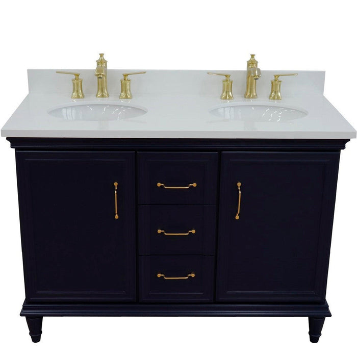 Bellaterra Home Forli 49" 2-Door 3-Drawer Blue Freestanding Vanity Set With Ceramic Double Undermount Oval Sink and White Quartz Top - Luxe Vanity & Tub