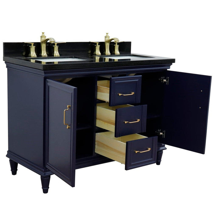 Bellaterra Home Forli 49" 2-Door 3-Drawer Blue Freestanding Vanity Set With Ceramic Double Undermount Rectangular Sink and Black Galaxy Granite Top - Luxe Vanity & Tub