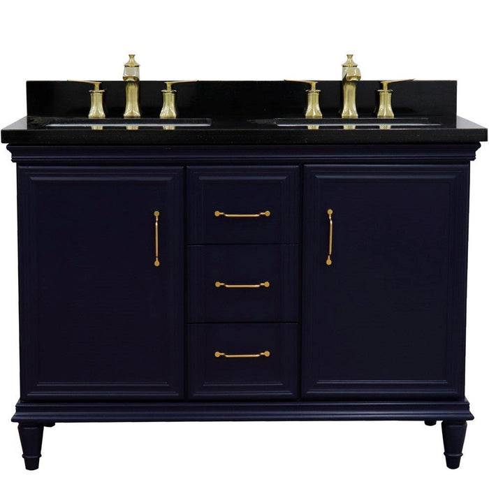 Bellaterra Home Forli 49" 2-Door 3-Drawer Blue Freestanding Vanity Set With Ceramic Double Undermount Rectangular Sink and Black Galaxy Granite Top - Luxe Vanity & Tub