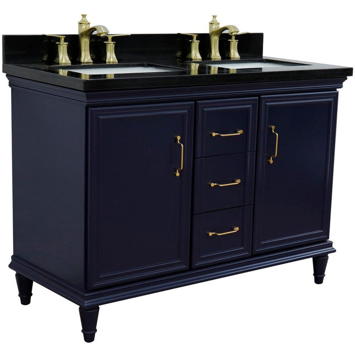 Bellaterra Home Forli 49" 2-Door 3-Drawer Blue Freestanding Vanity Set With Ceramic Double Undermount Rectangular Sink and Black Galaxy Granite Top - Luxe Vanity & Tub