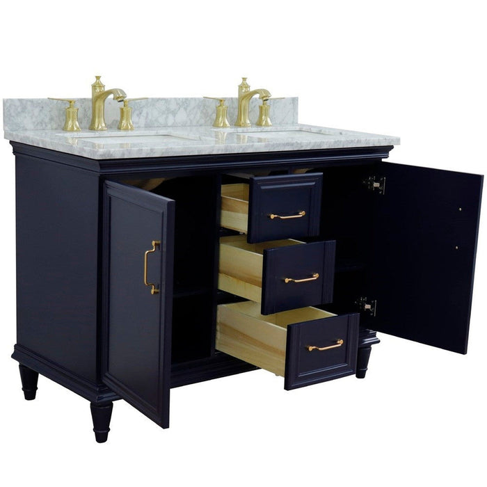 Bellaterra Home Forli 49" 2-Door 3-Drawer Blue Freestanding Vanity Set With Ceramic Double Undermount Rectangular Sink and White Carrara Marble Top - Luxe Vanity & Tub