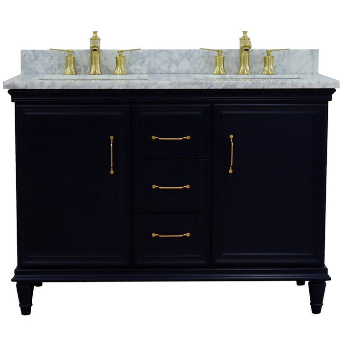 Bellaterra Home Forli 49" 2-Door 3-Drawer Blue Freestanding Vanity Set With Ceramic Double Undermount Rectangular Sink and White Carrara Marble Top - Luxe Vanity & Tub